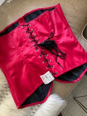 Frederick's of Hollywood Red Satin Corset with Black Lacing
